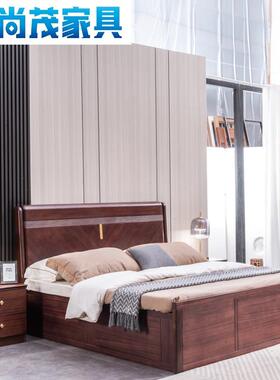 中式黑胡桃木实木现代床简约主物卧1.轻PXL8m双人床奢气压高箱储