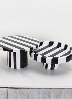 BTV4大白理形石29311黑条纹拼接摆盘圆托盘摆件茶客厅桌面几餐桌