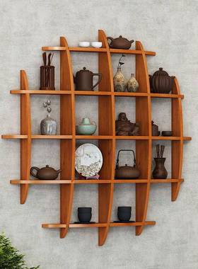 博架上壁挂墙FVC式实木中古式客厅置物架茶茶壶盏架子挂墙具古风