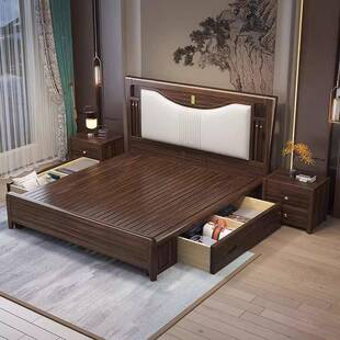 新中式 5米主高卧箱储物家 乌金实木床1米8双婚人大木床现代1.A36