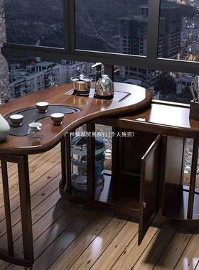 新几中式实木可移动旋转桌椅1.2米茶桌阳RDM台茶小型喝茶多功能茶