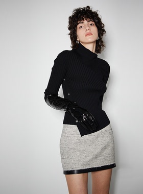 APARALLEL下摆拼皮粗纺短裙