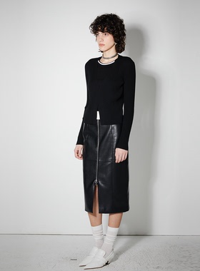 APARALLEL拼白腰头金属拉链软皮裙拼白腰头金属拉链油腊皮裙