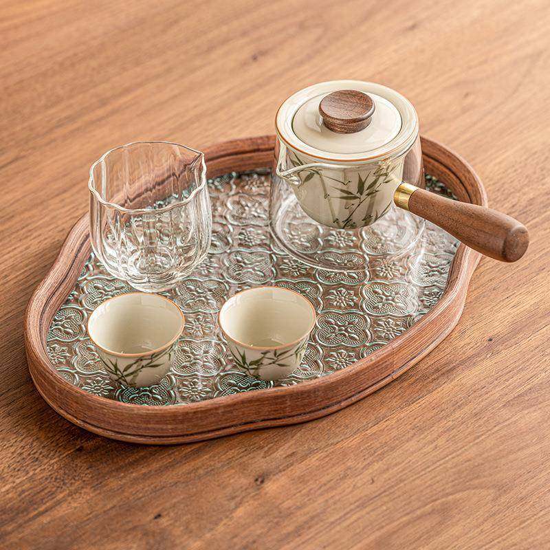 翠绿文竹侧把壶茶具茶盘套装一壶二杯便携式户外泡茶旅行茶具