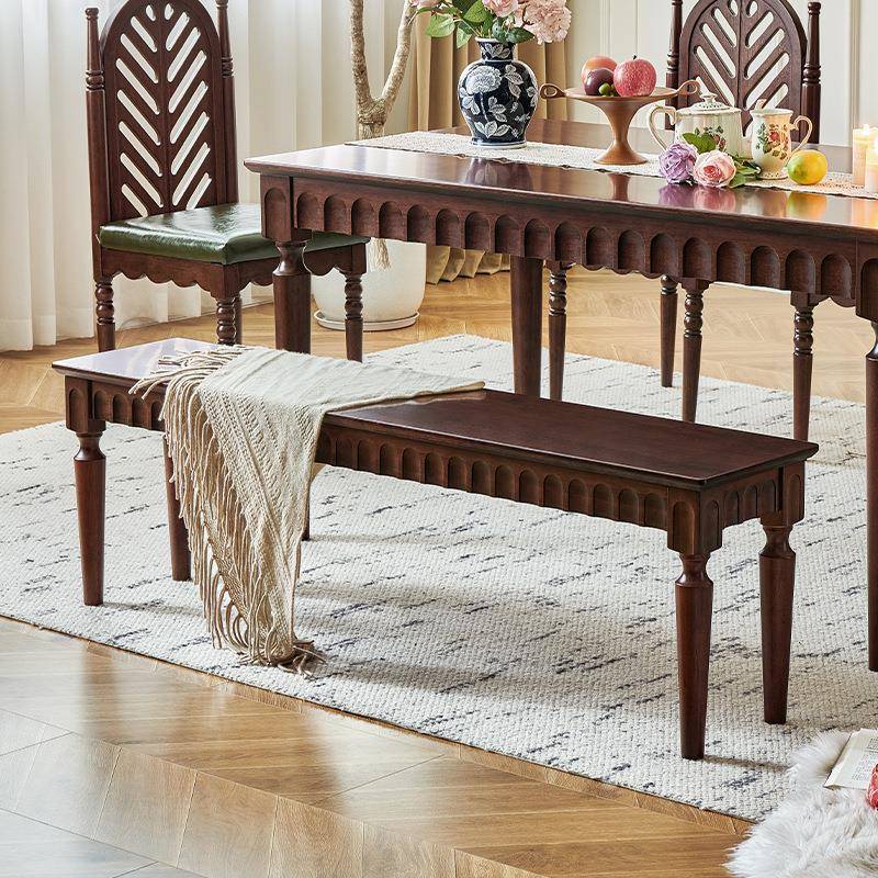 法式复古实木长条凳核桃木餐椅长凳子卧室床尾凳中古风原木长板凳