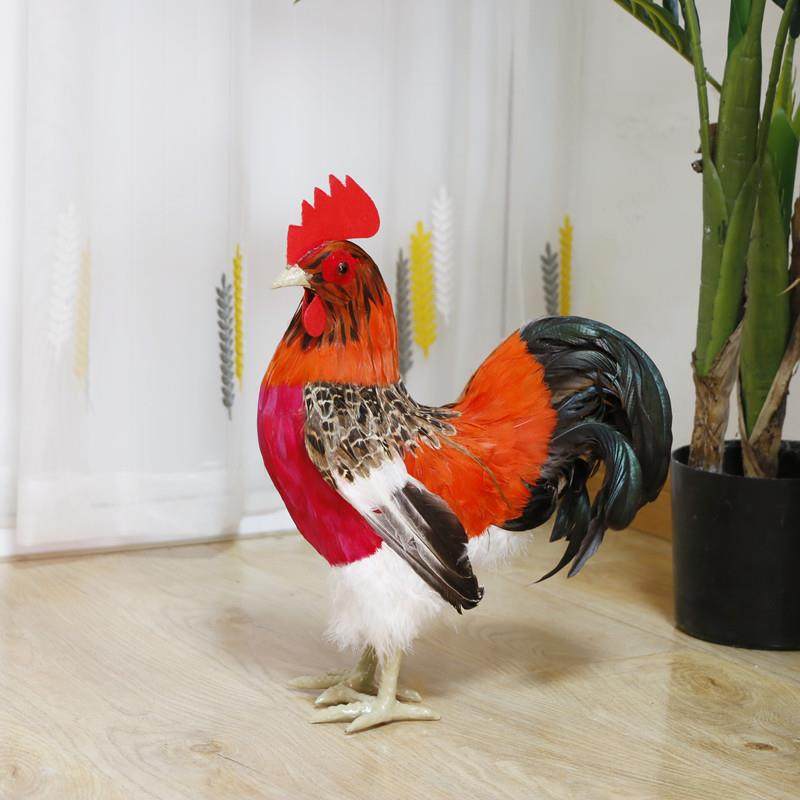 高34cm仿真公鸡模型摆件手工真羽毛制作田园超市商场装饰品