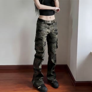 高腰梨形牛仔裤女复古美式迷彩多口袋工装裤嘻哈直筒显瘦微喇裤潮