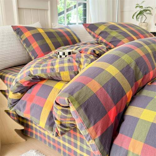 2024新款A类全棉色织水洗棉四件套纯棉格子三件套床上用品