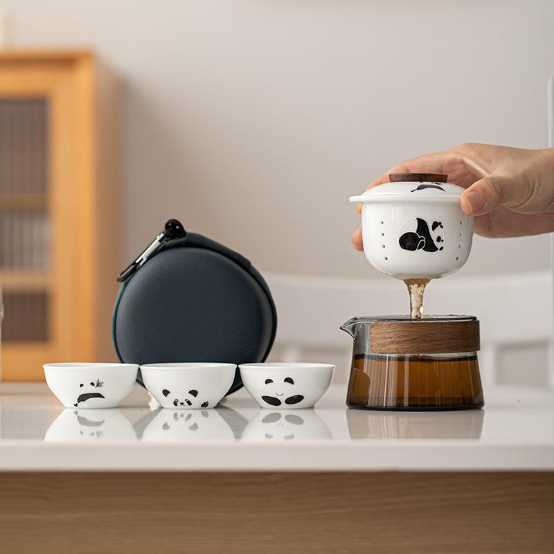 玻璃旅行茶具小套装手绘熊猫便携式随身户外陶瓷快客杯一壶三杯