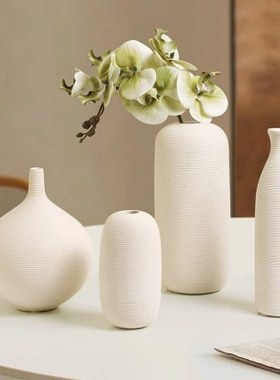 现代简约白色素烧拉丝陶瓷花瓶高级感小口径摆件客厅插花2024新款