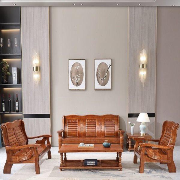 全实木沙发组合客厅家用农村办公室三人位茶几中式木质经济型凉椅