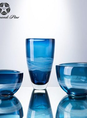 人工吹制玻璃工艺品蓝色大花器玄关客厅家居插花摆件饰品