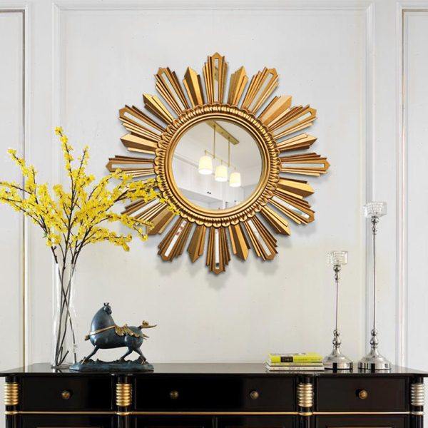 欧式木质美容店圆形壁挂创意玄关餐边太阳装饰镜子背景墙定制尺寸