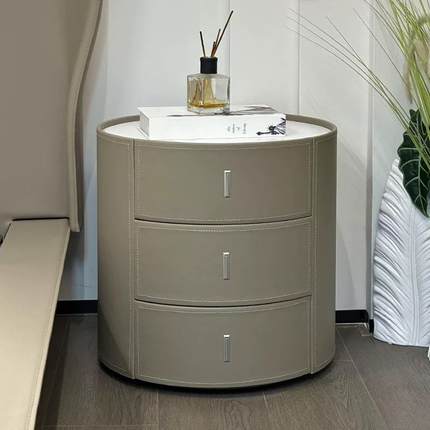 主卧家用床边收纳柜意式极简圆形高级马鞍皮床头柜奶油风收纳柜