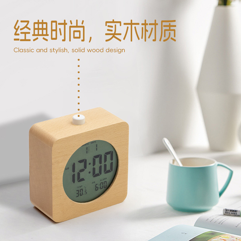 新款LCD夜光学生闹钟 贪睡闹铃原木竹木时钟 简约时尚夜光座钟
