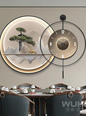 迎客松餐厅装饰画高档挂钟lGAGe时d灯画饭厅挂表画客钟厅麋鹿钟壁