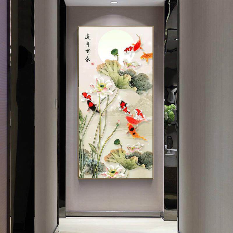 连年有余钻石画满钻玄关竖版点钻十字绣荷花九鱼图钻石绣贴钻画5d