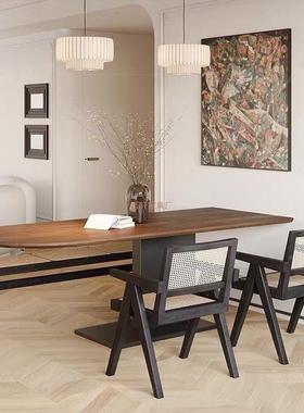 法式复古实餐桌半圆靠墙桌家用小户型饭AUH岛创意中古风木台餐桌