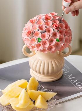 立体朵套水果叉果叉筒收纳装颜XD#76321值可爱花果叉高盒家用不锈