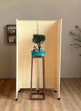 竹编移推屏风玄关带动滑轮实木简约折家叠用饭店办公GLV室折屏拉