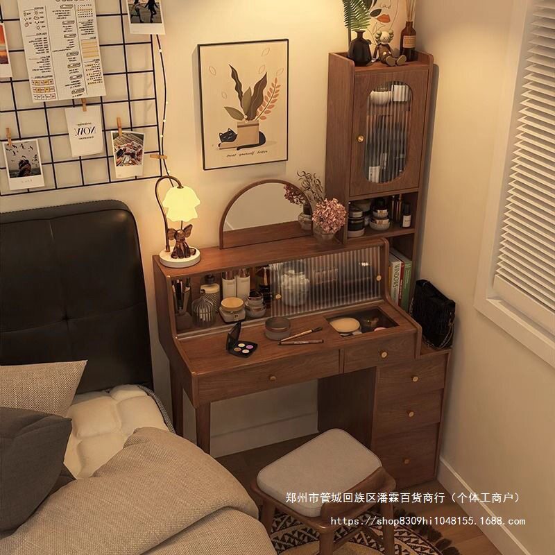 中古风全实木梳妆台收纳一体
