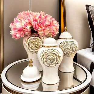 玄关摆件 轻奢工艺品样板房软装 欧式 电镀金色陶瓷将军罐花瓶摆件