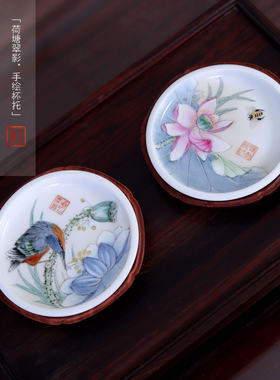 九希堂陈创彬手绘粉彩花鸟杯垫茶托壶垫圆形茶托陶瓷茶具配件