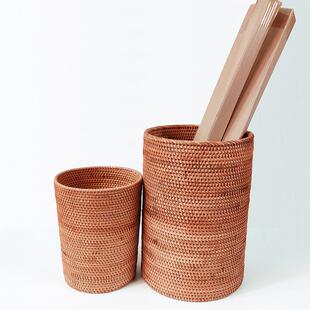 秋藤编织收纳桶书画卷轴整理藤筐圆形藤编纸篓桶