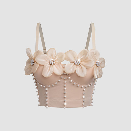 路秋国韩版百搭高级感立体花卉水钻抹胸一体固定杯鱼骨胸衣DB1807