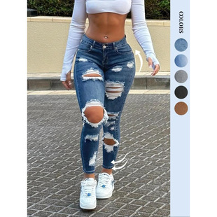 Ripped Jeans Pants for Denim Plain Casual Women Fashion