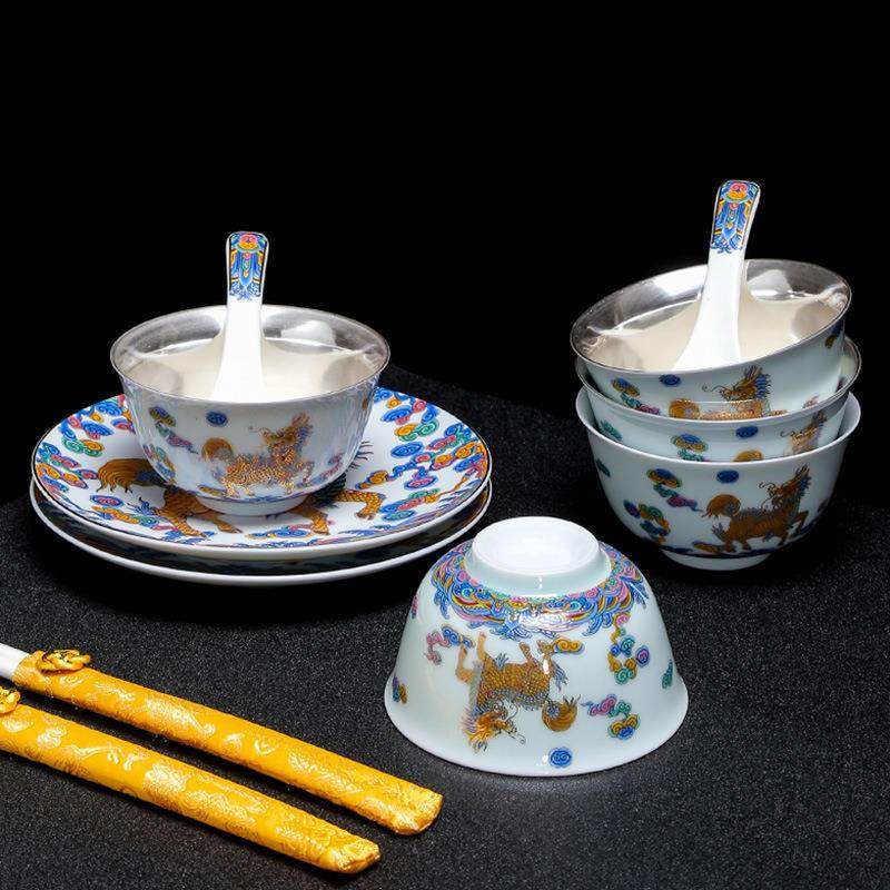 陶瓷餐具套装高档家用碗筷碟子国潮麒麟祥瑞龙马鎏银工艺送礼皮盒