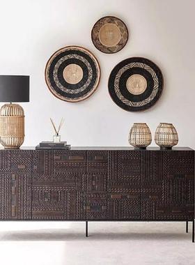 北欧复古轻奢柚木塔瓦雕花餐边柜中古工业风实木玄关柜卧室电视柜