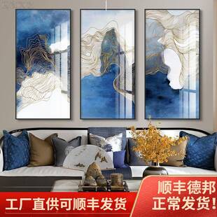 中式入户玄关装饰画蓝色金丝现代轻奢客厅挂画大尺寸抽象竖版壁画