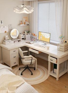实木转角书桌白色奶油风电脑桌子l型7拐角女孩卧室书房双人长条桌