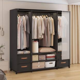 带抽屉金属衣柜室内门口简易柜子防尘钢管衣帽架收纳衣橱结实耐用