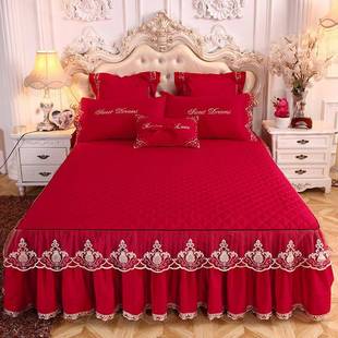 婚庆大红色夹棉床裙式 床罩单件公主风蕾丝刺绣花边加厚保护套防滑