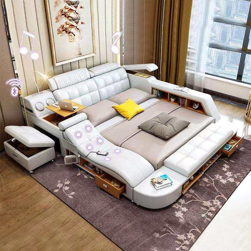 双人皮艺床现代简约主卧床 多功能按摩榻榻米床厂家直供卧室家具