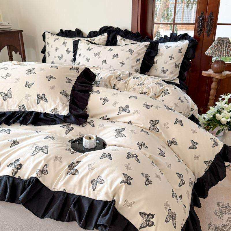 新款法式赫本花边床上四件套亲肤水洗棉被套法式高颜值床单三件套