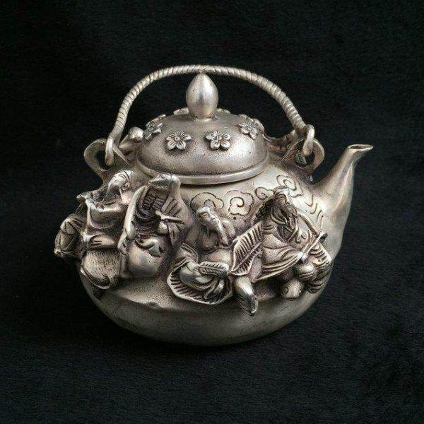 古玩老物件老银八仙高提梁银茶壶精工打造银壶足银壶古董收藏摆件