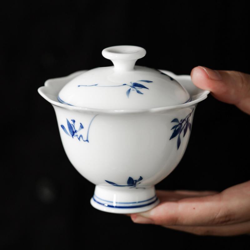 猪油白纯手绘花口二才盖碗中国白蝴蝶兰花边盖碗釉下彩主泡碗茶具