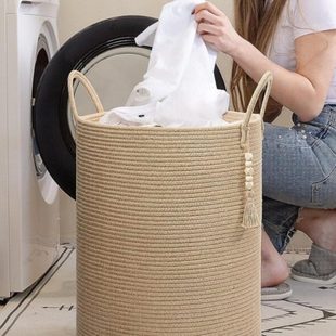 手工编织麻绳收纳篮玩偶衣物脏衣篮带提手脏衣收纳篓柔软型收纳筐