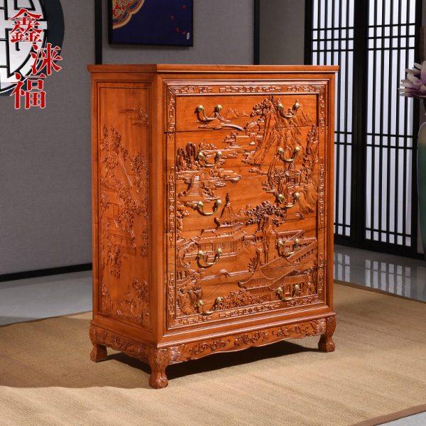 香樟木五斗柜抽屉柜中式全实木卧室红木色收纳储物柜山水雕花橱柜