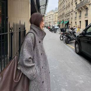 IN.chooseu笑笑家2025冬季韩系都市双排扣立领羊驼色羊绒大衣女