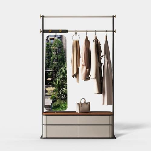 极简轻奢衣帽架胡桃木实木卧室落地挂衣架带镜子高级皮革斗柜