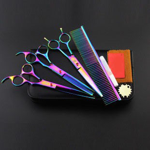 7.0寸  七彩 电镀 3把装 宠物美容剪刀 直剪 套装 送排梳密齿牙