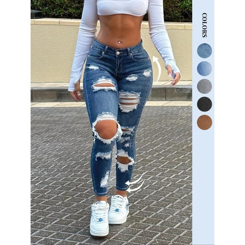 Women's Plain Ripped Jeans Fashion Casual Denim Pants for