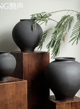 侘寂风复古黑色花瓶新中式禅意高级感插花陶罐做旧陶瓷摆件装饰品