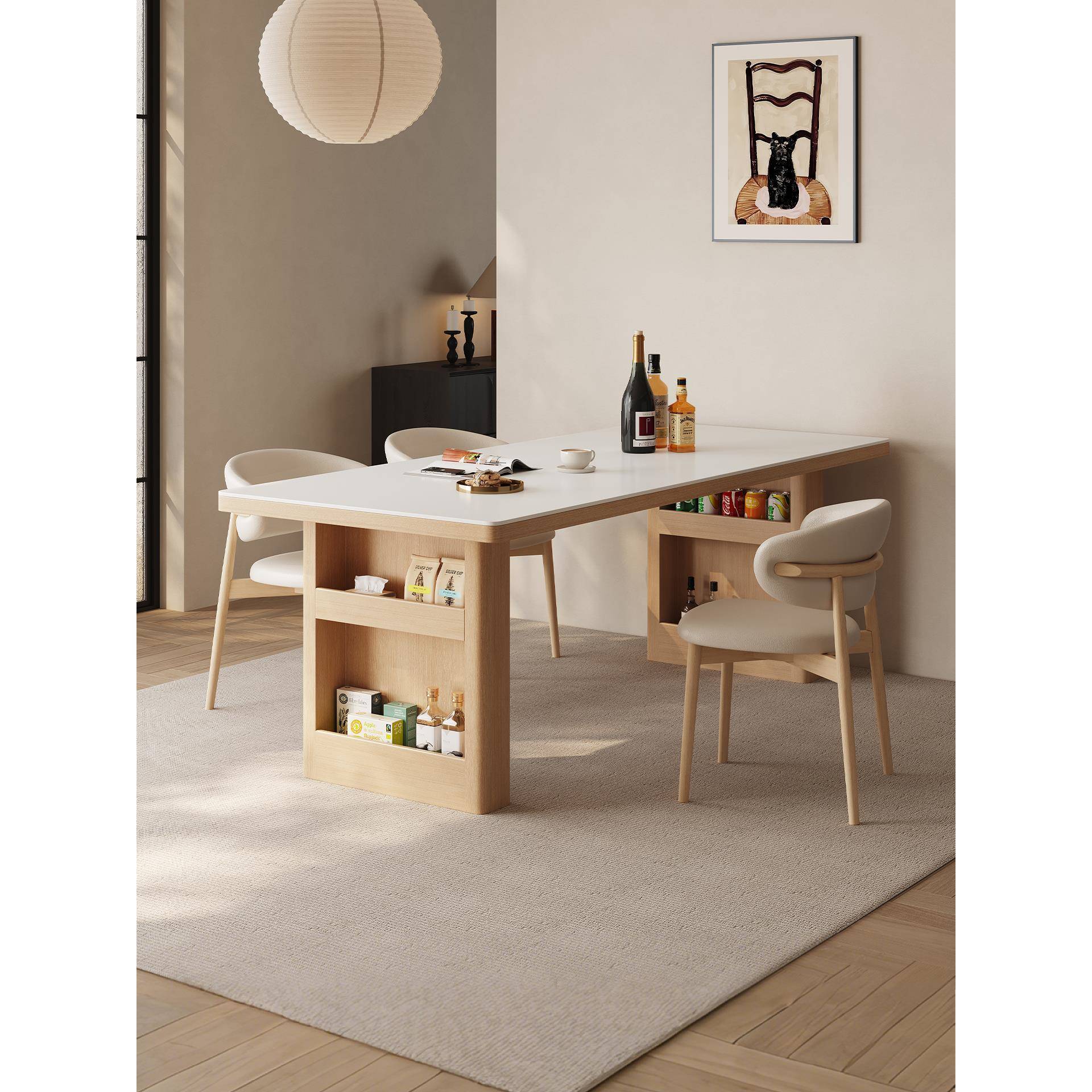 原木色岩板餐桌椅简约现代家用新款饭桌北欧原木奶油风小户型桌子