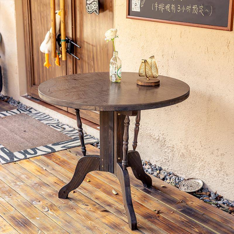 实木圆桌做旧复古圆形饭桌阳台庭院餐桌椅木质法式茶桌折叠咖啡桌