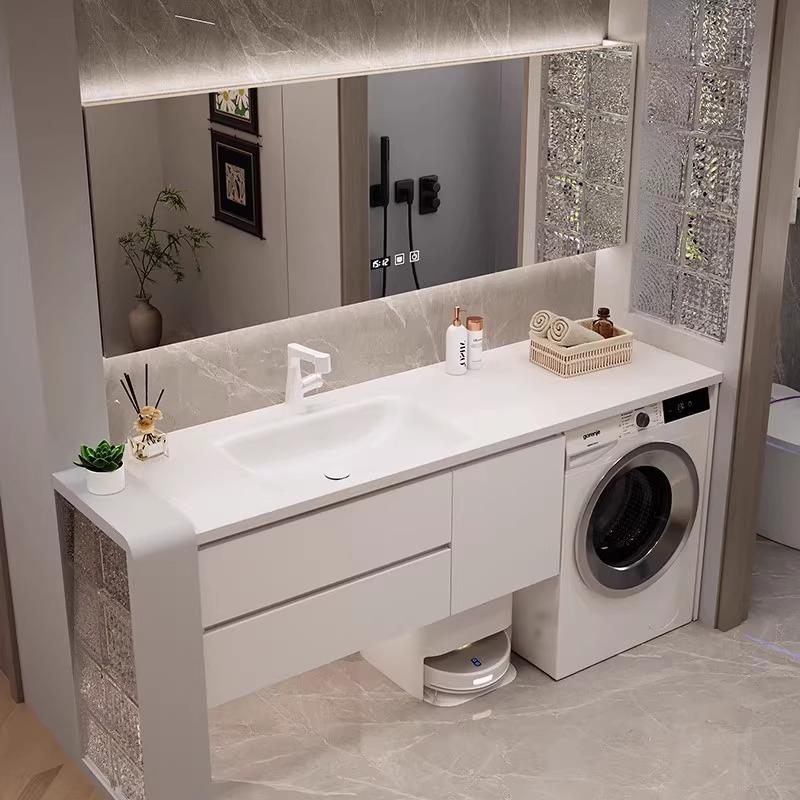 新款定制岩板热弯洗衣机洗手盆一体柜陶瓷无缝一体盆浴室柜洗漱台